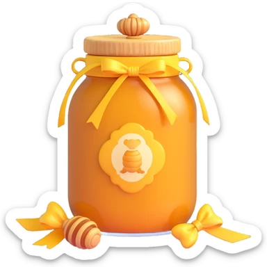 3D emoji style honey jar, with a ribbon tied around the neck, golden honey, simple and expressive sticker