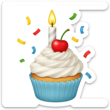 Make this a birthday cupcake with a candle and confetti, keeping the white color and apple emoji style. Remove the background. sticker