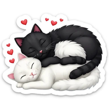 Big black cat is sleeping with a small white cat with hearts above sticker