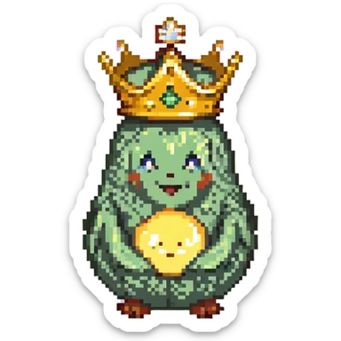 pear with a golden crown, pixel art style, cheerful expression, no background sticker
