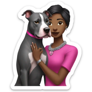 Black lady with black hair wearing hot pink dress hugging large gray pitbull with spiked pink collar sticker