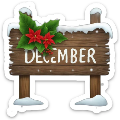 Wood sign with inscription december and poinsettia with snow on sign  sticker