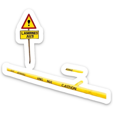 A vast, barren field filled with landmines scattered across the ground, marked by warning signs and caution tape, with a sense of danger and desolation in the air sticker