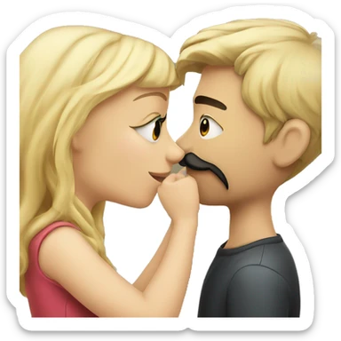 Blonde Girl kissing boy with dark hair with mustache sticker