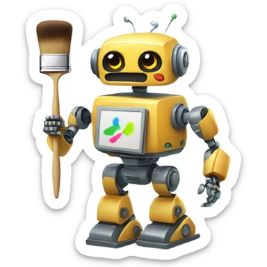 cute robot holds a palette with paints and a brush sticker
