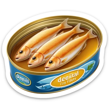 oval metal tin slightly open revealing firm light brown fish fillets packed in oil with soft sheen and visible grain shallow can with rolled edge typical of preserved fish packaging no fork herbs or label just opened tin and fish soft lighting subtle shadows emoji scale sticker