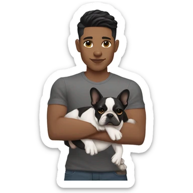 athletic light skin male with short black fade hairstyle holding a french bulldog sticker