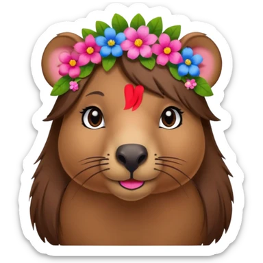 capybara with faka eye lashes and make up on - bright lipstick and eye make up - long brown hair, flowers in her hair

 sticker