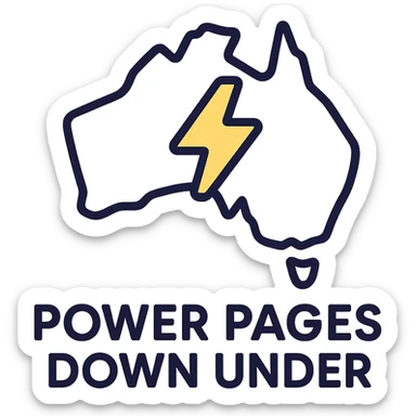 clean modern icon of the map of Australia with no thick border, text 'Power Pages Down Under' below, designed for use on a purple background, main colors #403DAD and vibrant purple, accent #fff7ad, no Power Pages icon, no digital web overlay sticker