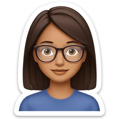 woman with tan skin, shoulder length straight dark-brown hair and glasses sticker