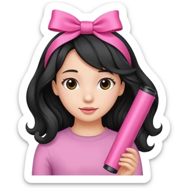 Girl with black wavy not so long hair and a ribbon hair clip make it look like wearing a pink tube sticker