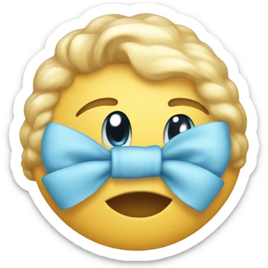 a baby blue bow on a smiling emoji with  slightly blushed sticker
