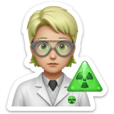 nuclear scientist portrait, head and shoulders only, wearing lab coat collar, protective goggles, glowing green radiation symbol badge, serious expression, sci-fi laboratory vibe, 3D cartoon, mobile game icon style, clean background, no text, no watermark
 sticker