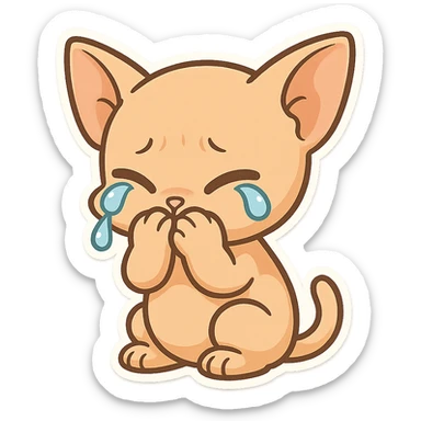 A bald orange cat with no hair on its head. The kitten is crying with its paws covering its mouth sticker