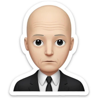 Extremely tall, pale gray-skinned man with a bald head, heavy brow, sunken eyes, a long gaunt face, and a black suit with a white shirt collar visible. sticker