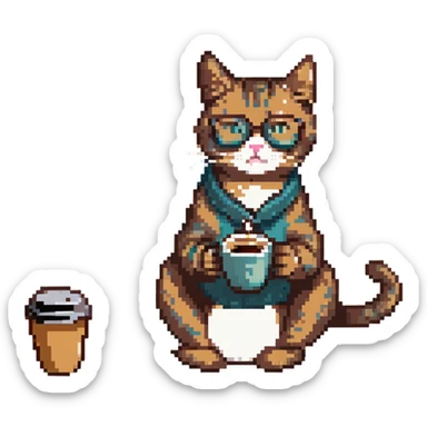 a cat wearing glasses and drinking coffee sitting at the beach sticker