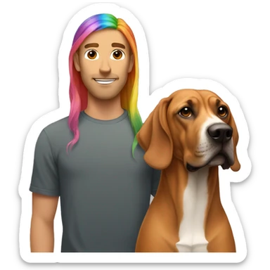 white male with long rainbow colored hair standing alongside a brown rhodesian ridgeback sticker