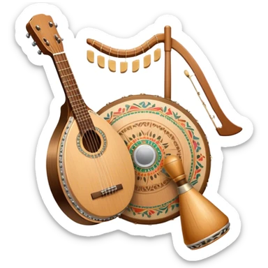 Create a warm and inviting humanless emoji representing folk singing. The design should feature a traditional microphone, perhaps with a wooden texture, symbolizing the rustic and authentic feel of folk music. Surround the microphone with subtle elements such as a hand-played tambourine, an accordion, or a balalaika to reflect the folk instruments. Add flowing musical notes to symbolize the vocal melodies. Use earthy, natural colors like browns, reds, and greens to evoke a sense of tradition, warmth, and connection to the community. The background should be transparent. sticker