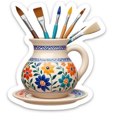 Ceramic painting icon, hand-painted ceramic plate or vase with intricate patterns, visible paintbrush, paint pots, and ceramic tools, colorful glaze, no finished artwork, just the painting process, minimalistic style, clean lines, transparent background. sticker
