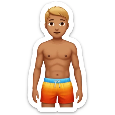 Emoji-style person in beach shorts with sunburned shoulders and chest - the chest and stomach should be white, the rest of the skin should be very red - very sunburned.  sticker