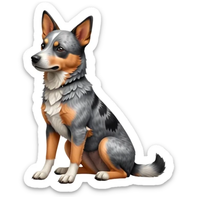 cinematic-[australian catle dog]-realistic-full-body-sitting-emoji,-tail-resting-loosely-beside-its-paws,-head-tilted-dramatically,-sleek-[australian cattle dog]-fur,-simplified-yet-realistic-focused-features,-highly-detailed,-glowing-with-an-almost-sarcastic-glow sticker