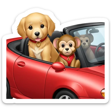 Picture a monkey playing on a red mazda miata with a golden retriever sticker