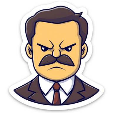 A cartoon angry boss character with a thick mustache, frowning face sticker