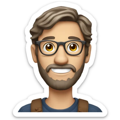 generate an emoji style image of a white beardless 20 years old man with long brown hair and round metal glasses but nerdy, holding a gadget and a phillips screwdriver sticker