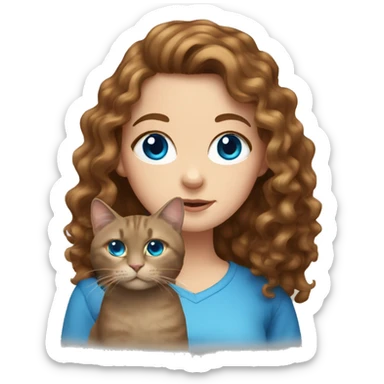 White Girl with long curly brown hair with a brown cat and blue eyes sticker