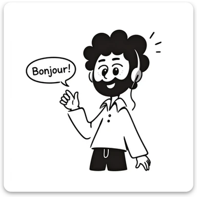 Anime-style character saying "Bonjour!", with black hair, brown eyes, black beard, wearing gaming headphones, Japanese animation style sticker