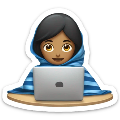 Chica crespa morena con una manta azul con rayas blancas y un computador sticker