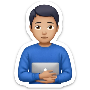 a asian handsome guy wearing a blue knit with white shirt, looking sad, holding a macbook, only upper body, high quality sticker