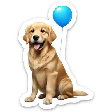 Golden retriever holding blue balloon on a string in its mouth sticker