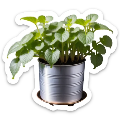 8-bit pixel art of small Plectranthus Verticillatus sprouts with round circular leaves in a shiny metallic planter sticker