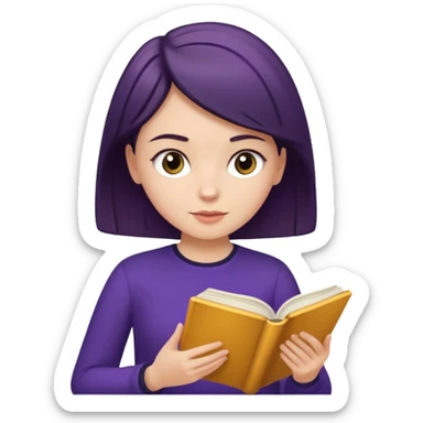 white girl dark brown short hair In dark purple clothes is reading a golden book sticker