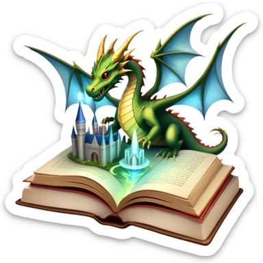 Icon for Fantasy and Science Fiction: a magical book with glowing pages, surrounded by a dragon, a spaceship, a wizard’s staff, and a futuristic cityscape. The icon should capture the adventure, magic, and imagination of fantasy and sci-fi worlds. Transparent background. sticker