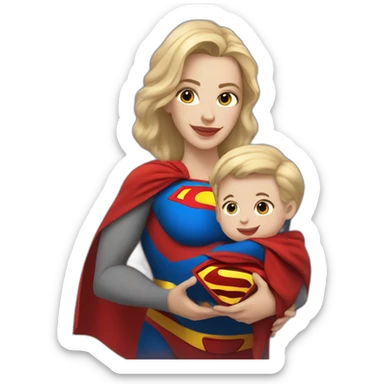 mother white skin brown hair dressed as Superman with a cape holding a blondbaby sticker