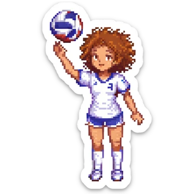 curly haired girl playing volleyball, serving the ball, pixel art style sticker
