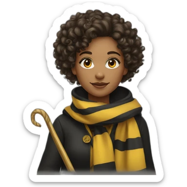 Curly hair girl in hufflepuff with scarf and wand sticker