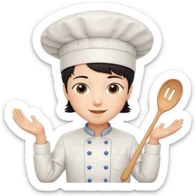 Short black hair, happy, wearing chef uniform and chef hat sticker