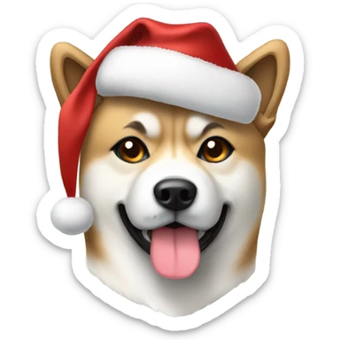 Akita wearing christmas hat with a bow sticker