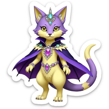 Kawaii cute Violet Yellow Black beautiful pretty elegant divine edgy feline-vernid-sergal-Fakémon-Pokémon-Digimon-fursona-animal-creature, full body, with intricate detailed markings, Embroidered capelet, Gem-studded horn ring sticker