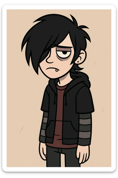 emo teen with dark hair covering one eye, stylized, melancholic expression, lip piercing, layered clothing, simple background sticker