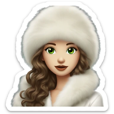 Beautiful Slavic green eyes girl with brown wavy long hair in a big white fur hat and white Mink fur coat sticker