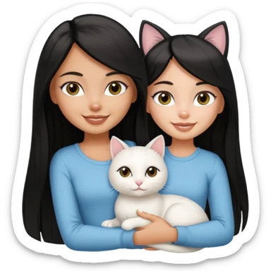 a pretty tan bratz girl with black long straight hair smiling and holding a white cat\ sticker