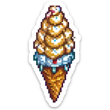 a scoop of vanilla ice cream in a waffle cone, pixel art style sticker