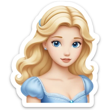 Cinematic Serene Cinderella Portrait Emoji, rendered in a realistic, vector-style with minimal shading. Depict a gentle Cinderella (chest and above) with porcelain skin, smooth blonde hair falling in soft waves, and calm, inviting eyes. Dressed in her modest daytime dress, she exudes quiet grace and pure enchantment, highlighted by a soft glowing outline. sticker