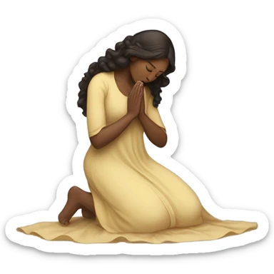 A woman kneeling praying, in a long dress, long curly dark brown hair sticker