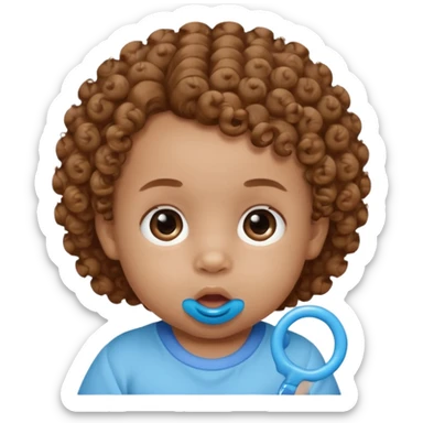 A baby with light brown skin, curly light-brown hair, wide brown eyes, and a blue pacifier.  sticker
