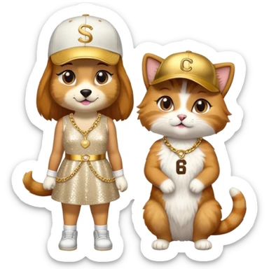dog on a stage wearing rapper clothes next to a female cat with a dress sticker